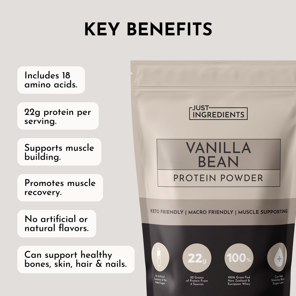 JUST INGREDIENTS Vanilla Protein Powder pouring into a shaker