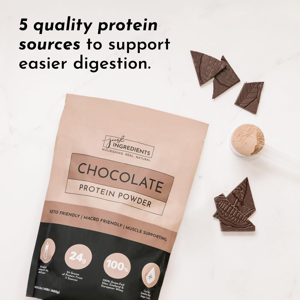 JUST INGREDIENTS Chocolate Protein Powder close-up highlights whey and plant protein blend.