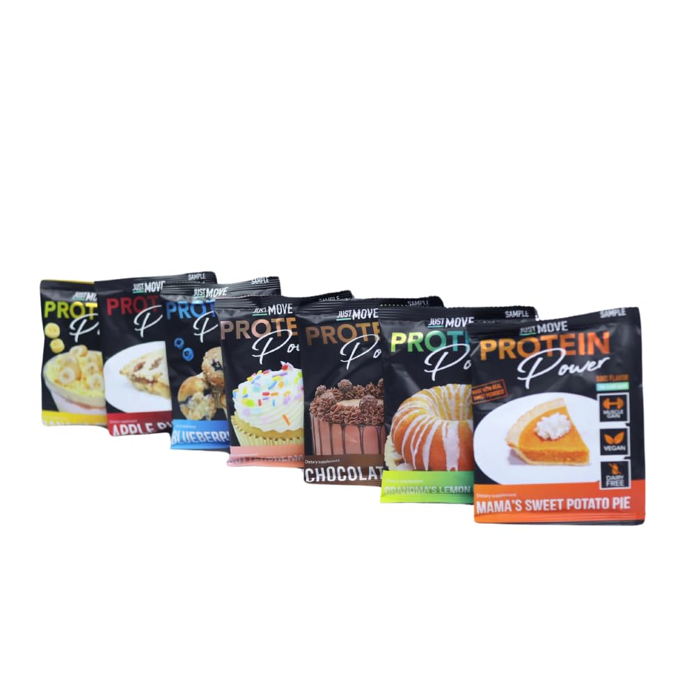 Just Move Protein Sample Pack front view showing the seven flavor lineup for tastings.