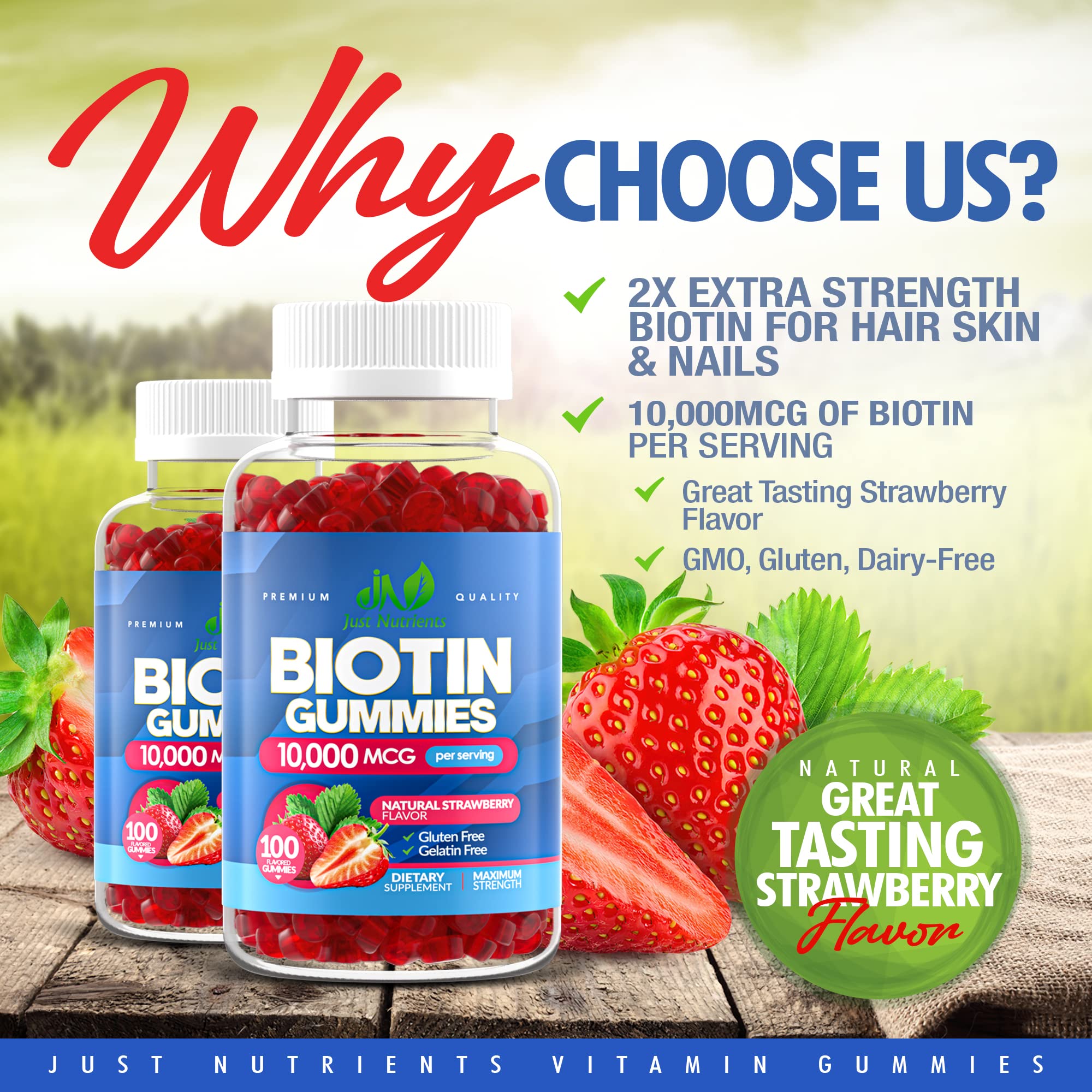 Just Nutrients Biotin gummies strawberry closeup, chewy texture and natural strawberry flavor