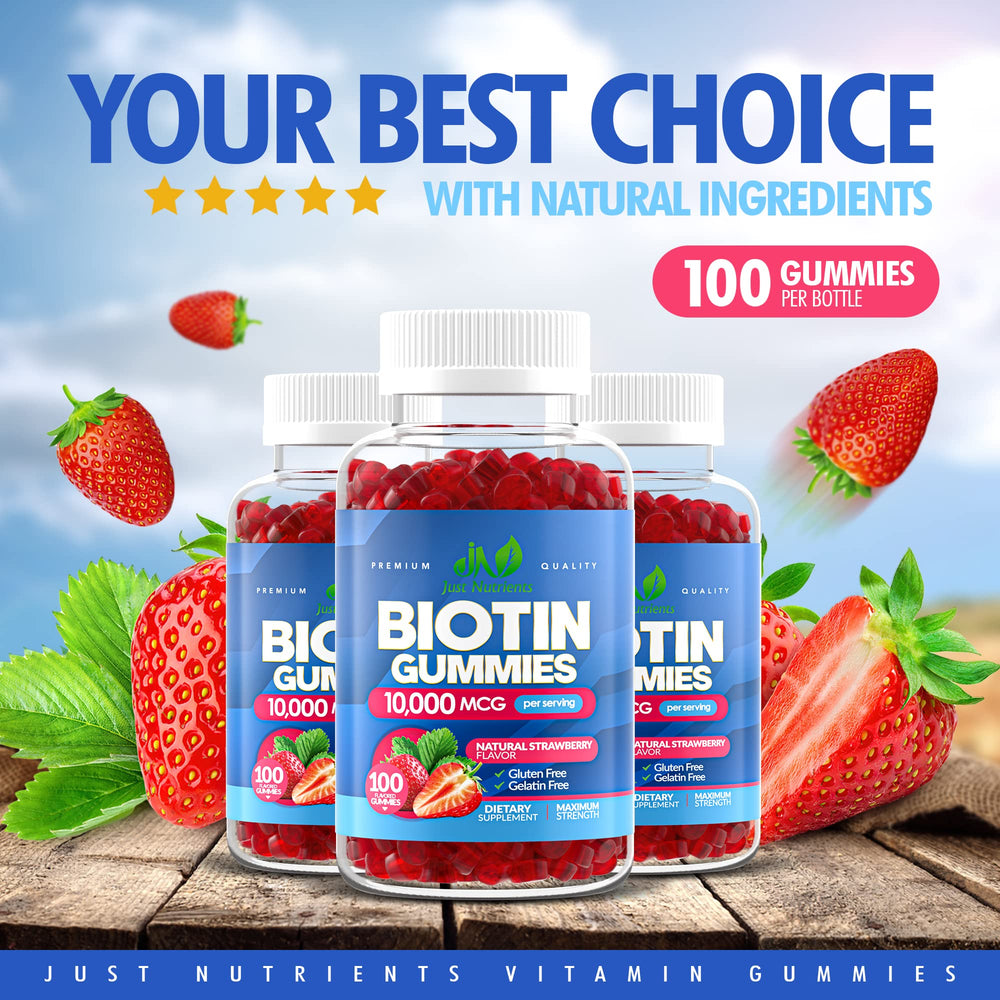 Just Nutrients Biotin gummies strawberry label, high strength biotin and vegan formula