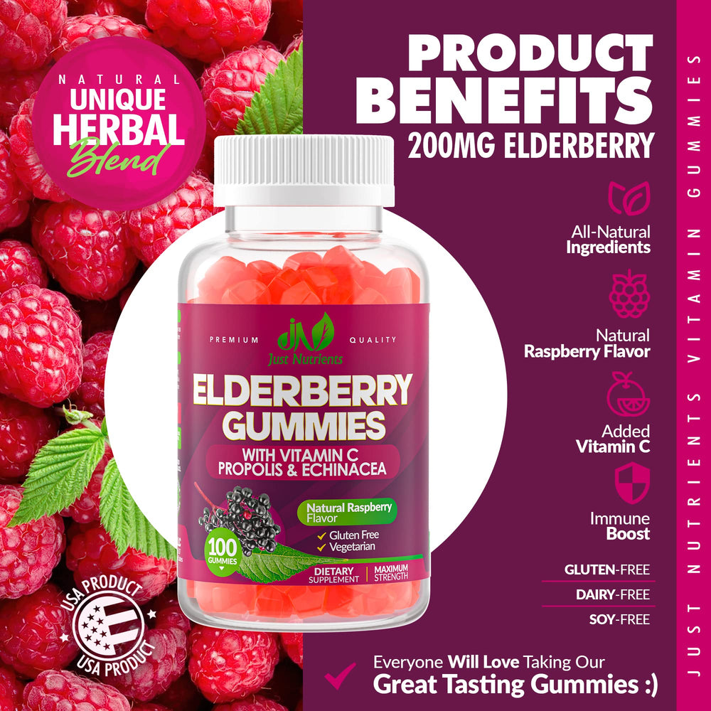 Close-up of Just Nutrients elderberry gummies showing raspberry flavor and chewy texture.