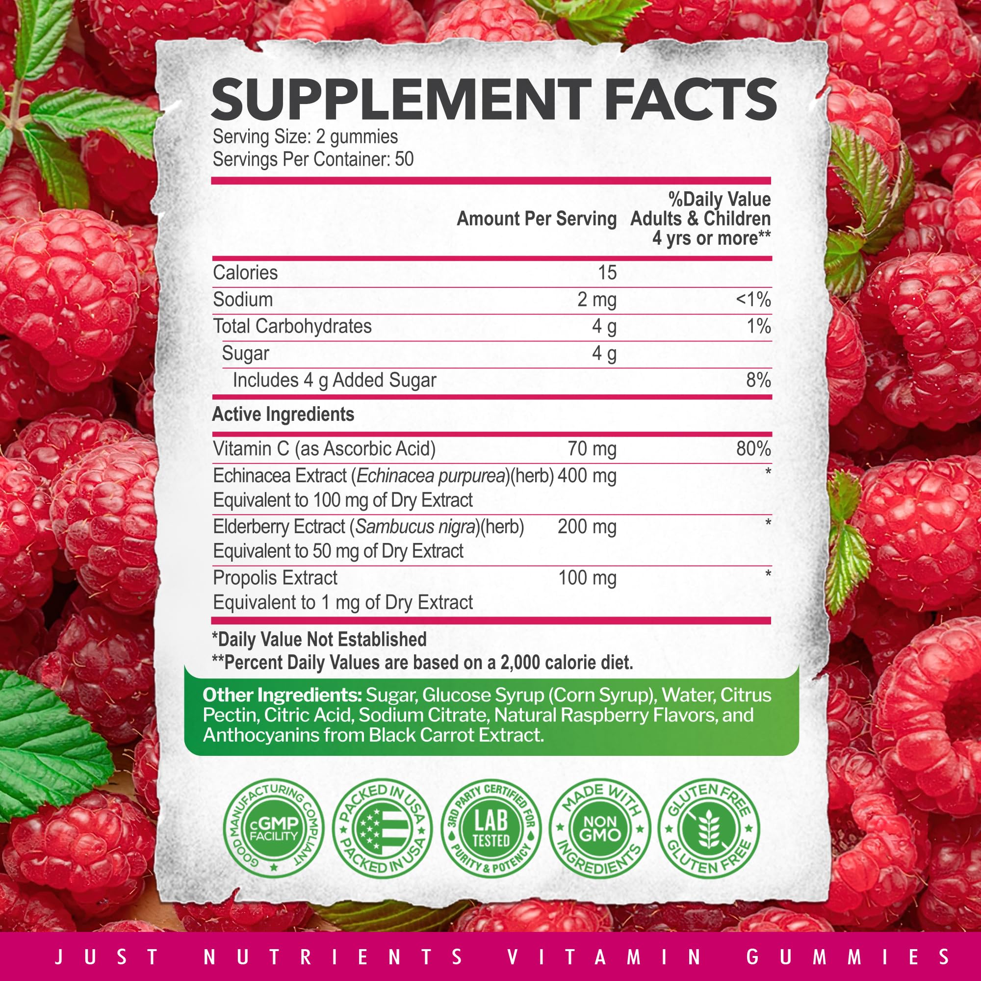 Gluten-free and vegan symbol on Just Nutrients elderberry gummies label.