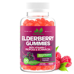 Just Nutrients Elderberry Gummies bottle front shows raspberry flavor for daily support.