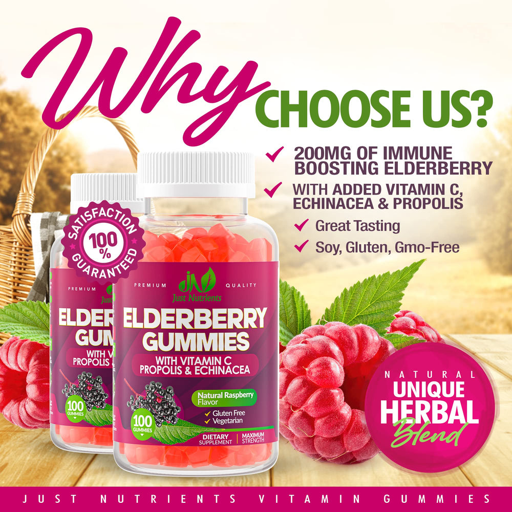 Nutrition facts panel on Just Nutrients elderberry gummies highlights key ingredients.