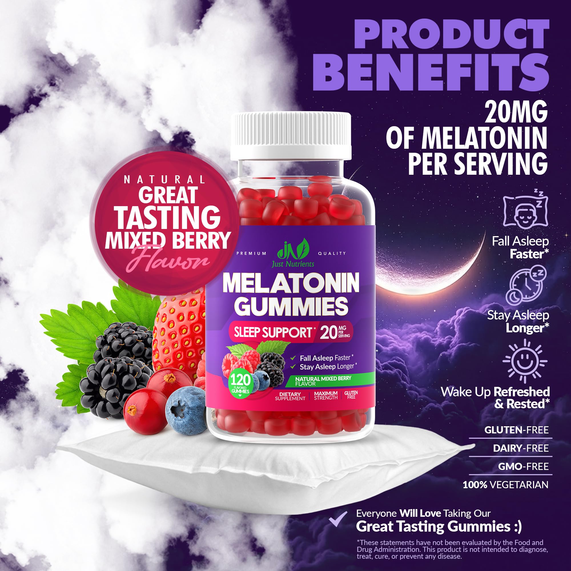 Just Nutrients Melatonin 20mg Gummies label close-up highlighting gluten-free and vegetarian notes.