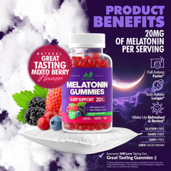 Just Nutrients Melatonin 20mg Gummies label close-up highlighting gluten-free and vegetarian notes.