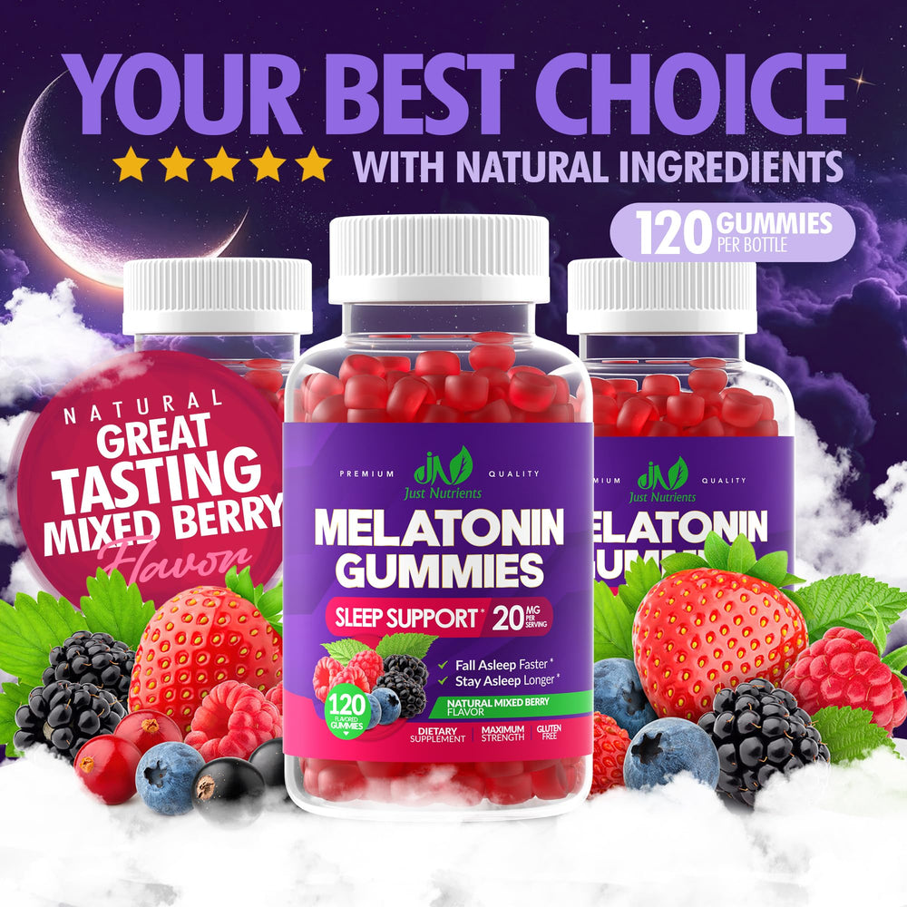 Just Nutrients Melatonin 20mg Gummies mixed berry flavor close-up for tasty sleep support.