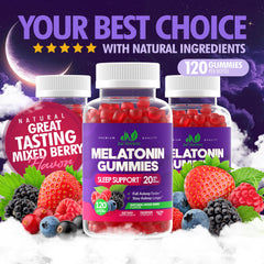Just Nutrients Melatonin 20mg Gummies mixed berry flavor close-up for tasty sleep support.