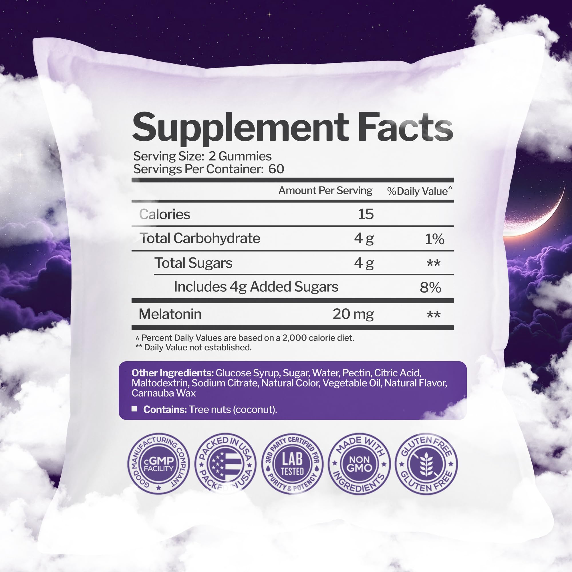 Just Nutrients Melatonin 20mg Gummies serving plate illustrating a two-gummy nightly ritual.