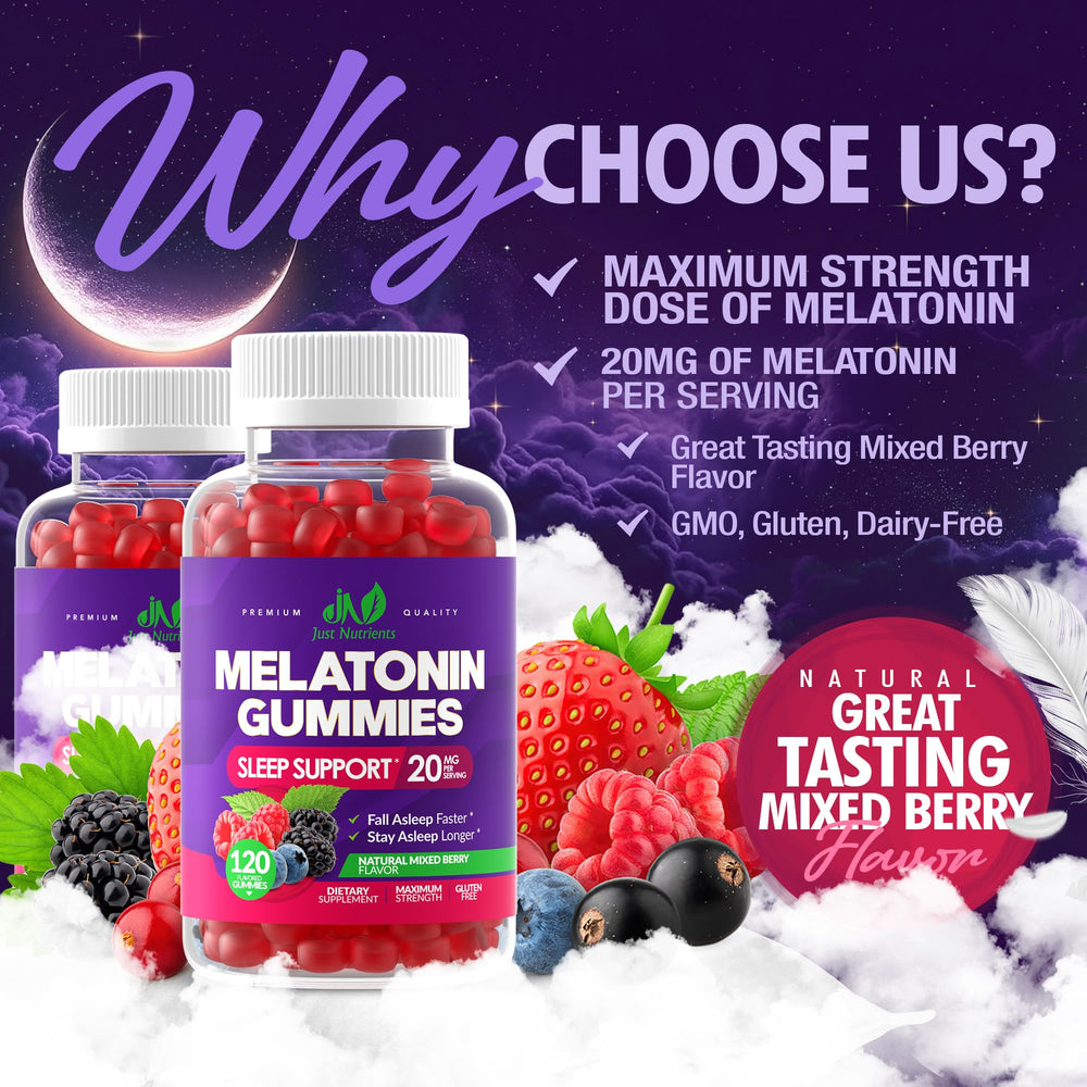 Just Nutrients Melatonin 20mg Gummies being poured for an easy nightly dose.