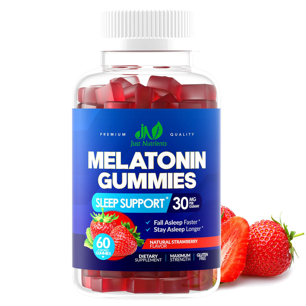 Just Nutrients Melatonin Gummies strawberry bottle displaying 30 mg per gummy for sleep support