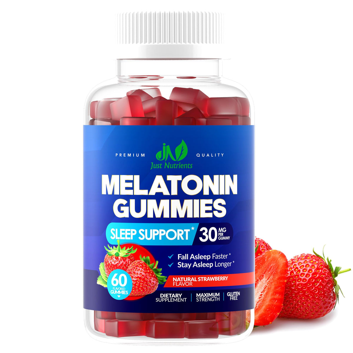 Just Nutrients Melatonin Gummies strawberry bottle displaying 30 mg per gummy for sleep support