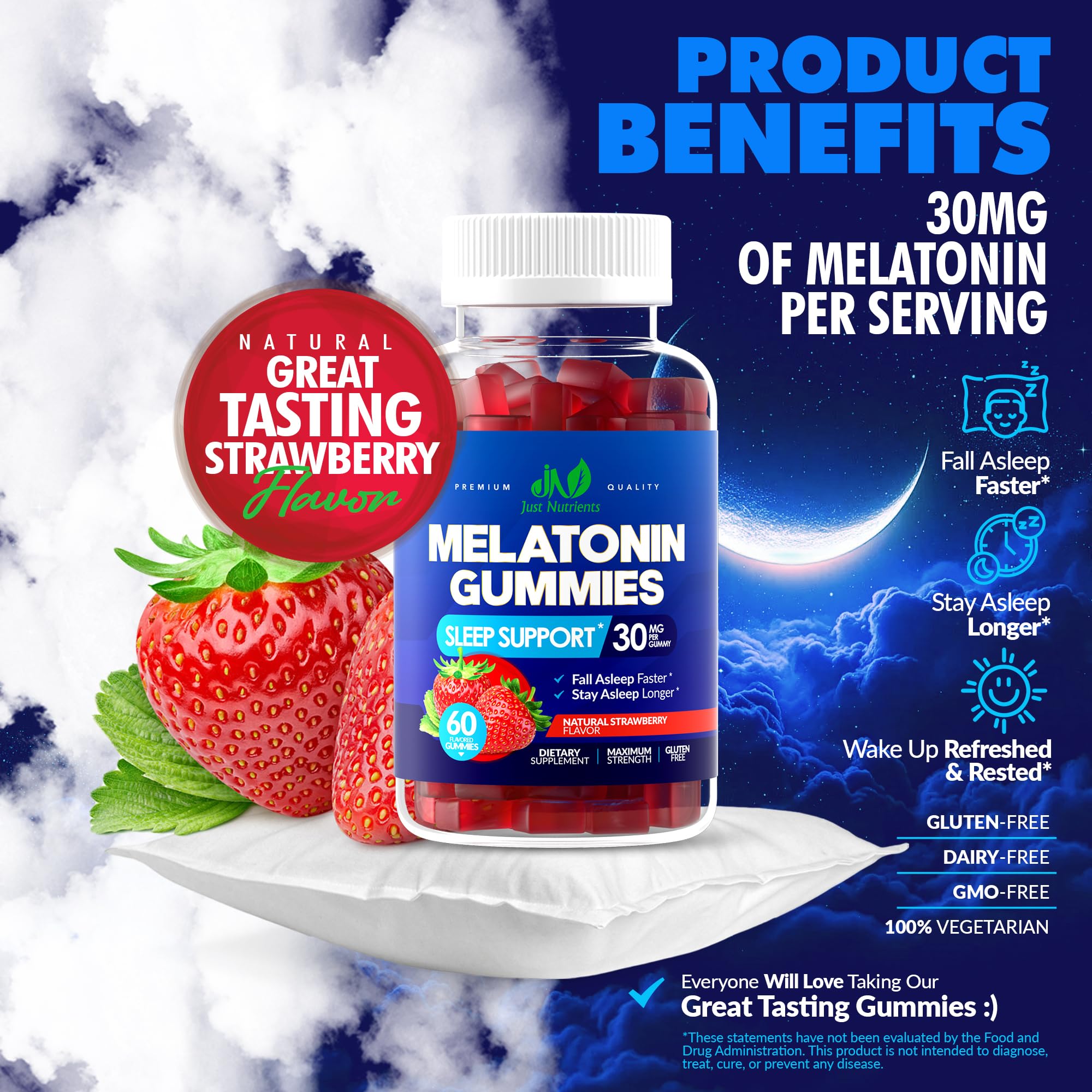 Just Nutrients Melatonin Gummies strawberry label highlighting no sugar and gluten-free ingredients