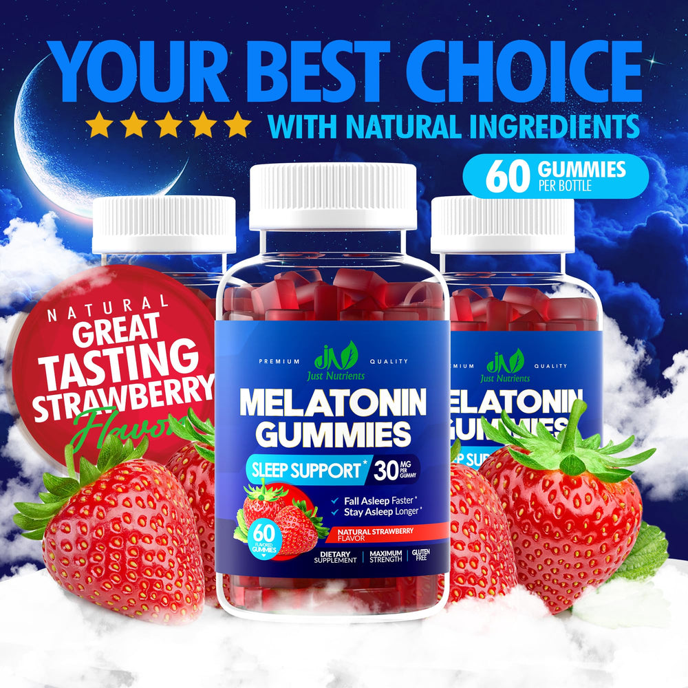 Just Nutrients Melatonin Gummies strawberry nightstand scene illustrating restful sleep potential