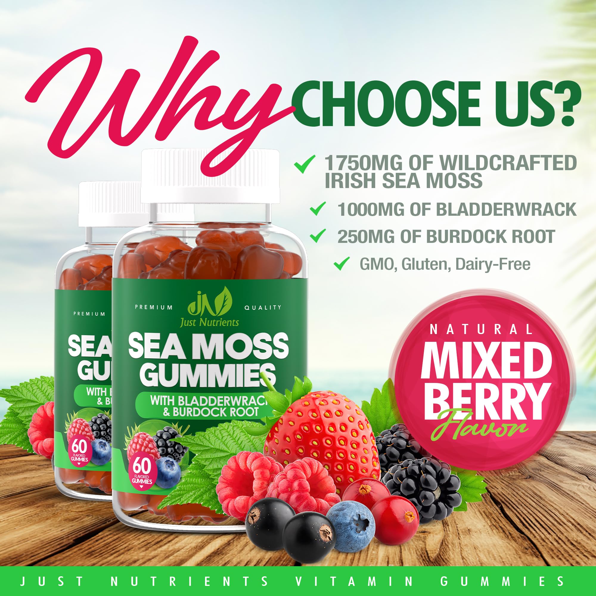 Just Nutrients Sea Moss Gummies berry flavor for tasty daily thyroid and detox support.