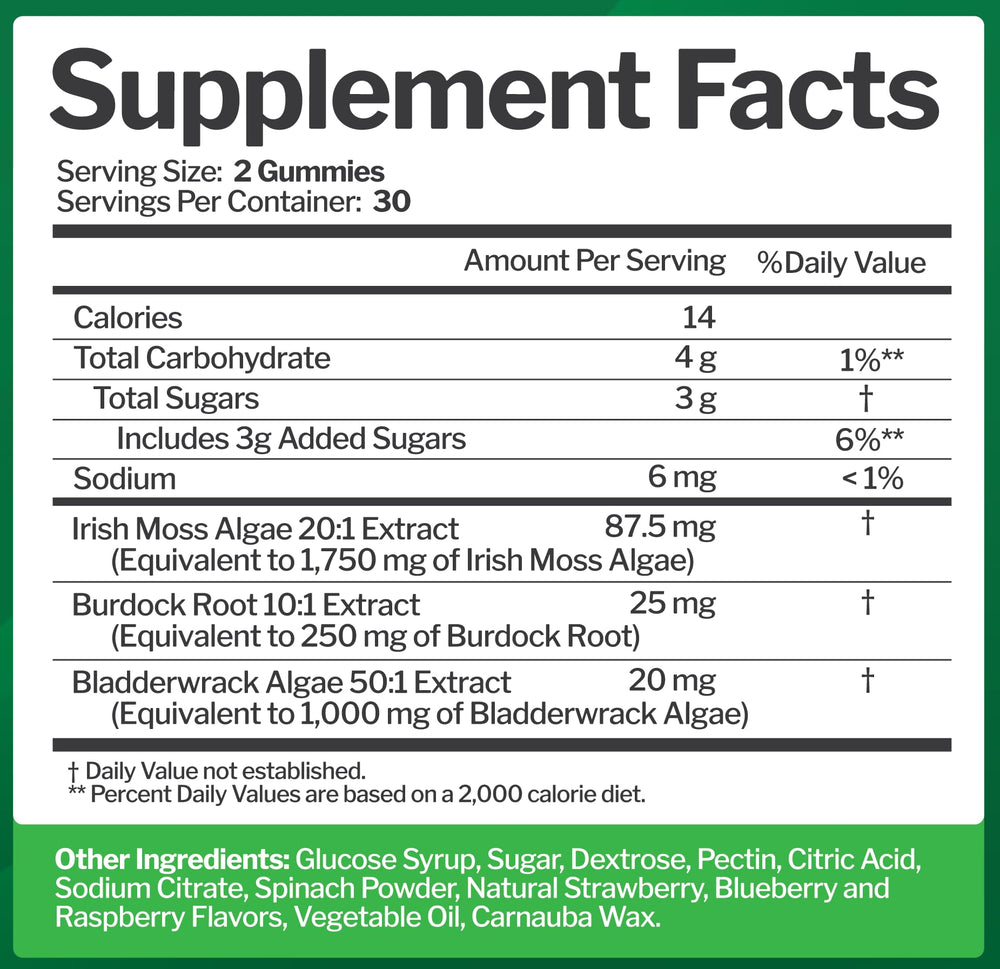 Just Nutrients Sea Moss Gummies close-up shows texture and natural berry flavor.