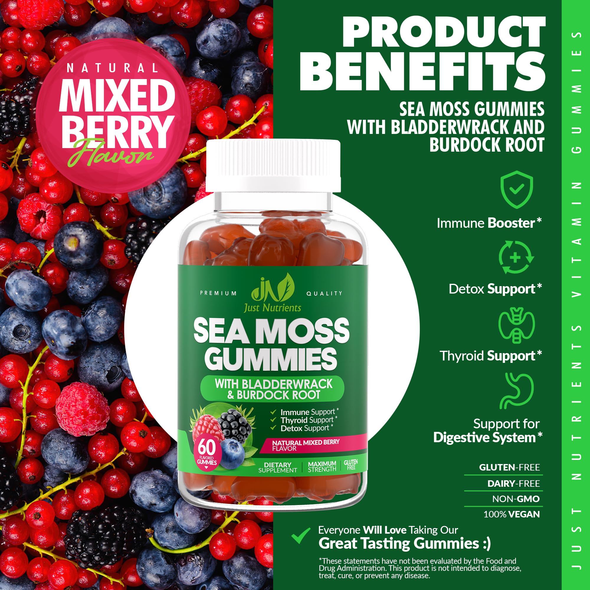 Just Nutrients Sea Moss Gummies nutrition label highlights minerals and plant-based ingredients.