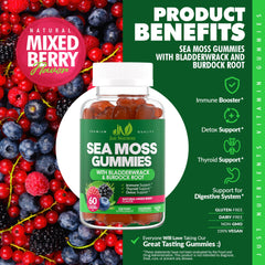 Just Nutrients Sea Moss Gummies nutrition label highlights minerals and plant-based ingredients.