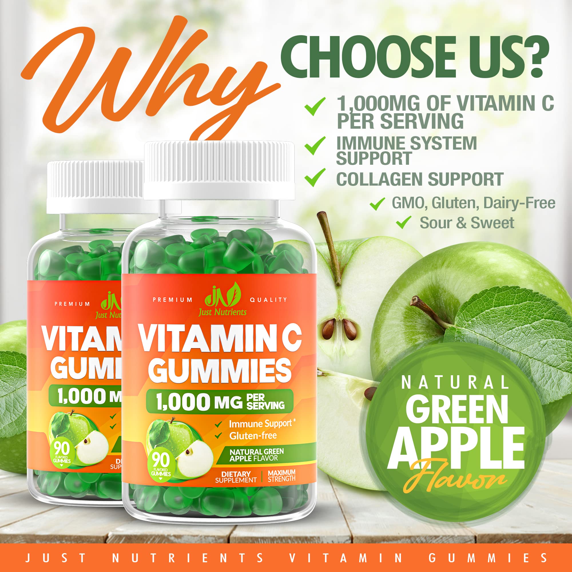 Just Nutrients Vitamin C gummies, green apple flavor, tasty daily supplement.