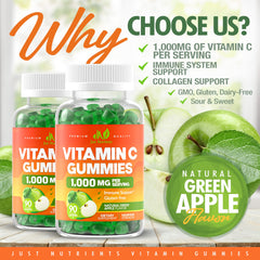 Just Nutrients Vitamin C gummies, green apple flavor, tasty daily supplement.