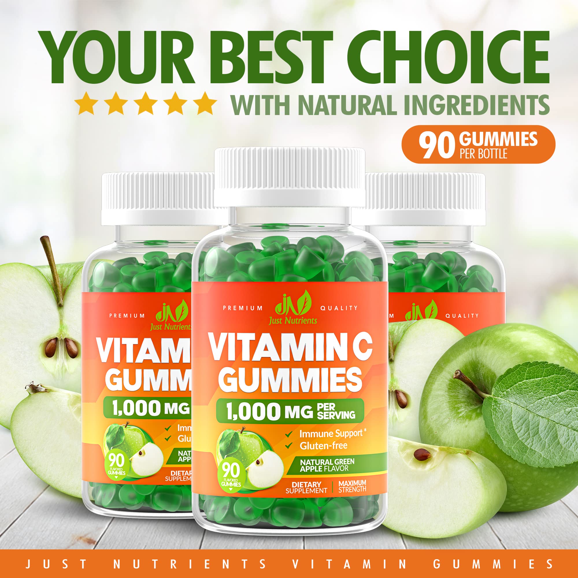Just Nutrients Vitamin C gummies label view highlighting gluten-free and vegetarian ingredients.