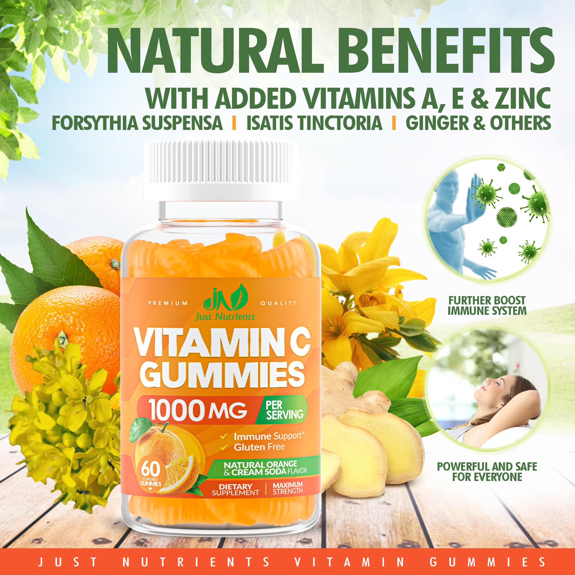 Just Nutrients gummies with packaging highlighting gluten-free and vegetarian
