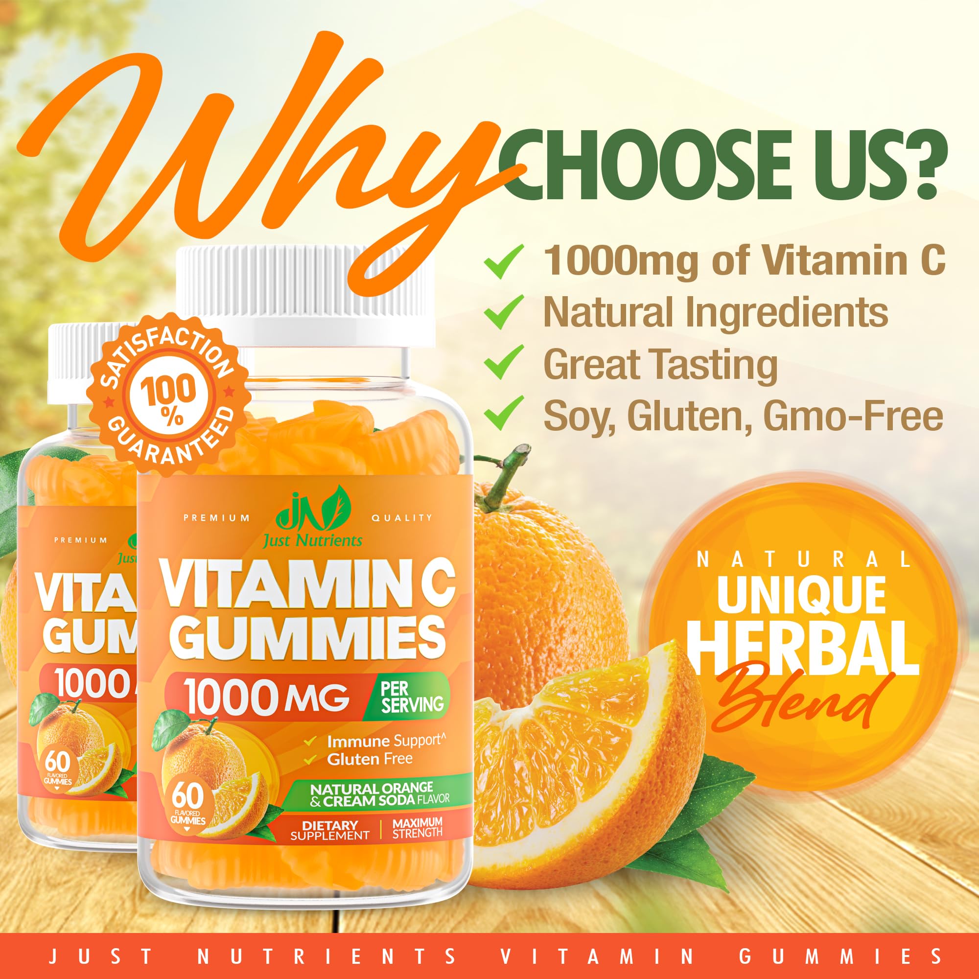 Just Nutrients gummies in a bowl showing vibrant orange color and chewable texture
