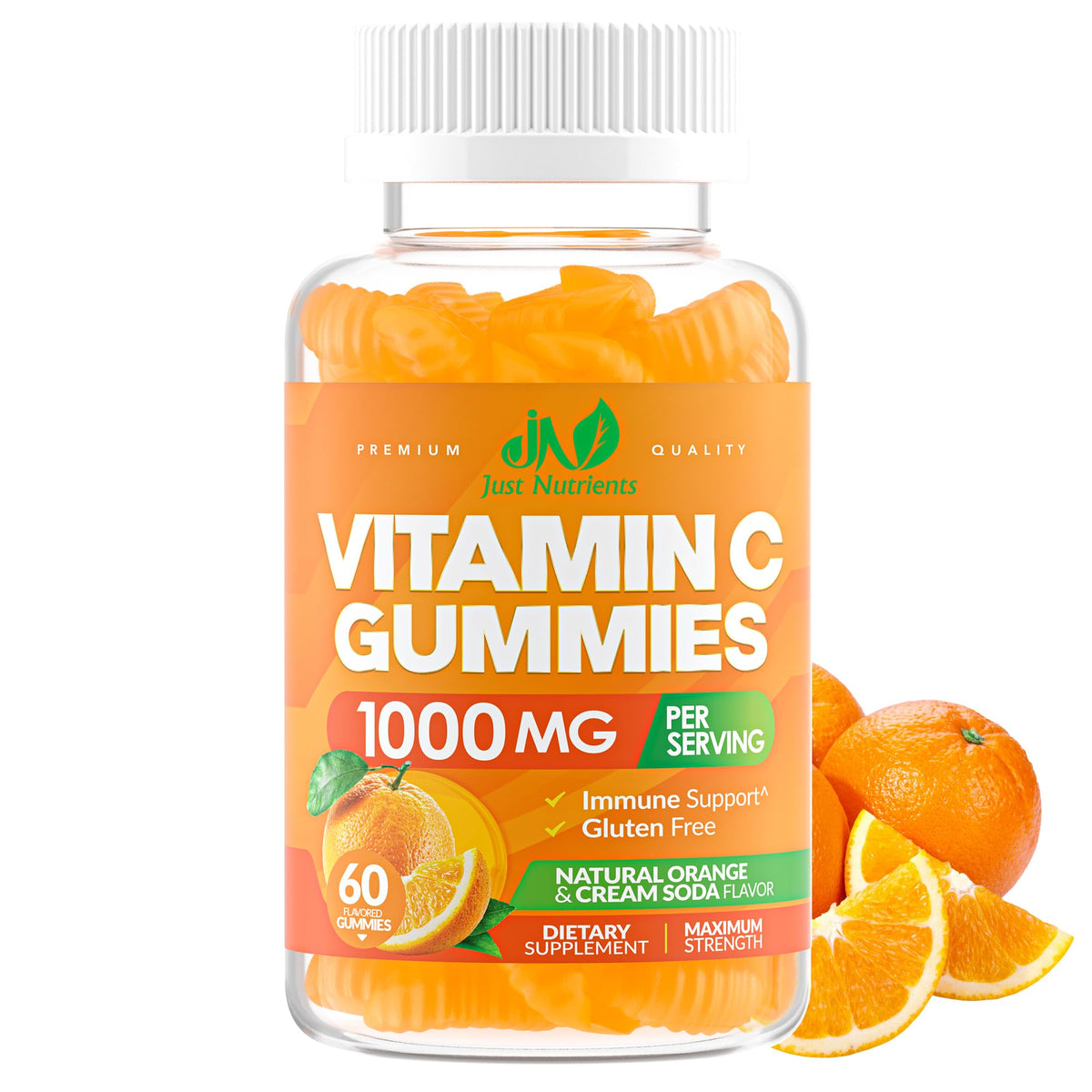 Just Nutrients Vitamin C Gummies jar front with bright orange label for immune support