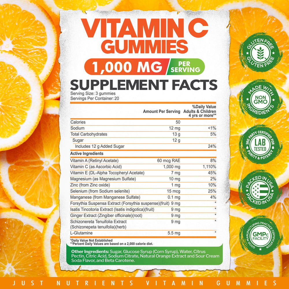 Just Nutrients label close-up highlighting 1000 mg vitamin C per serving