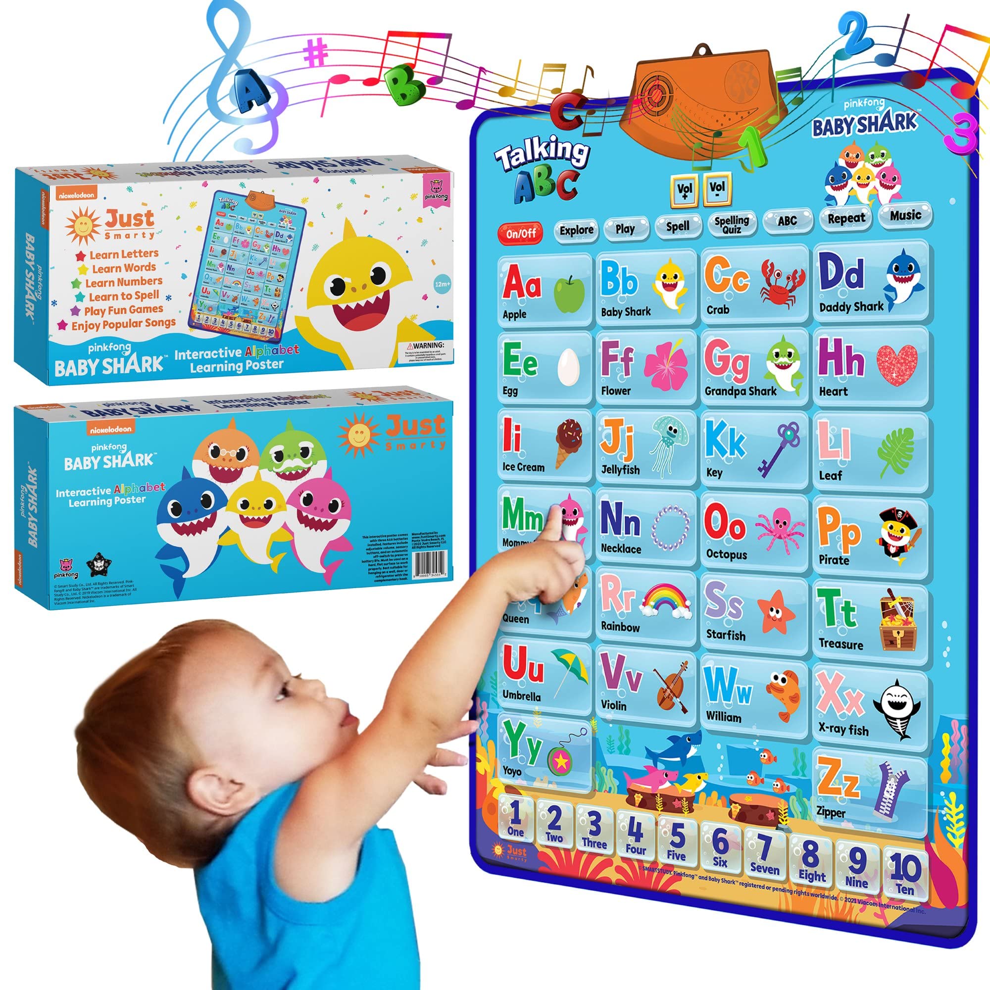 Just Smarty Baby Shark musical mat with letters and numbers for early learning.
