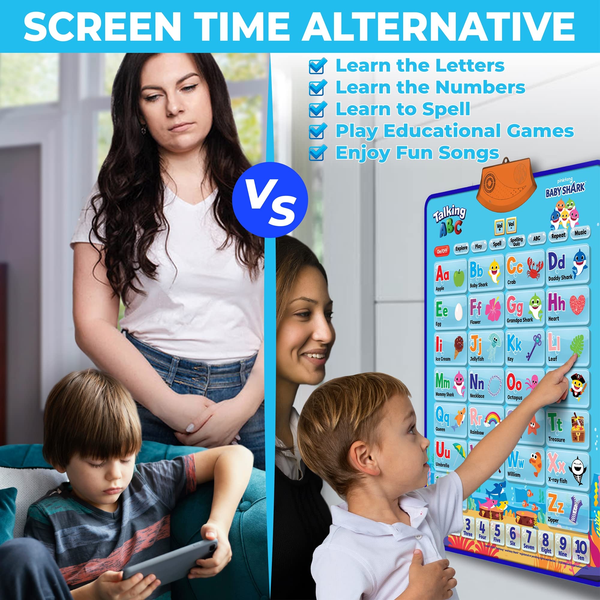 Just Smarty Baby Shark room decor adds color while encouraging playful education.