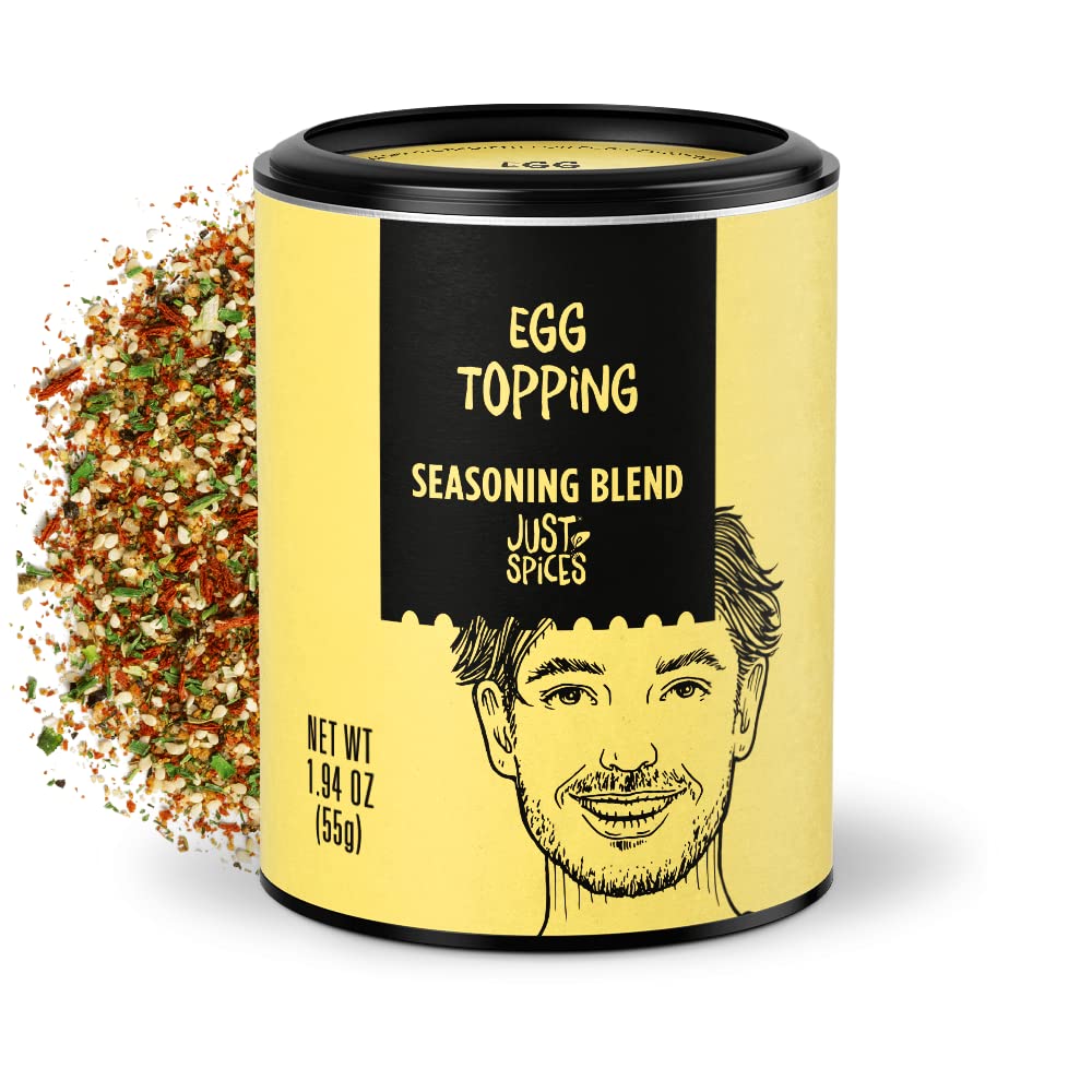 Just Spices Egg Topping pack shot highlights sesame and chili crunch for eggs