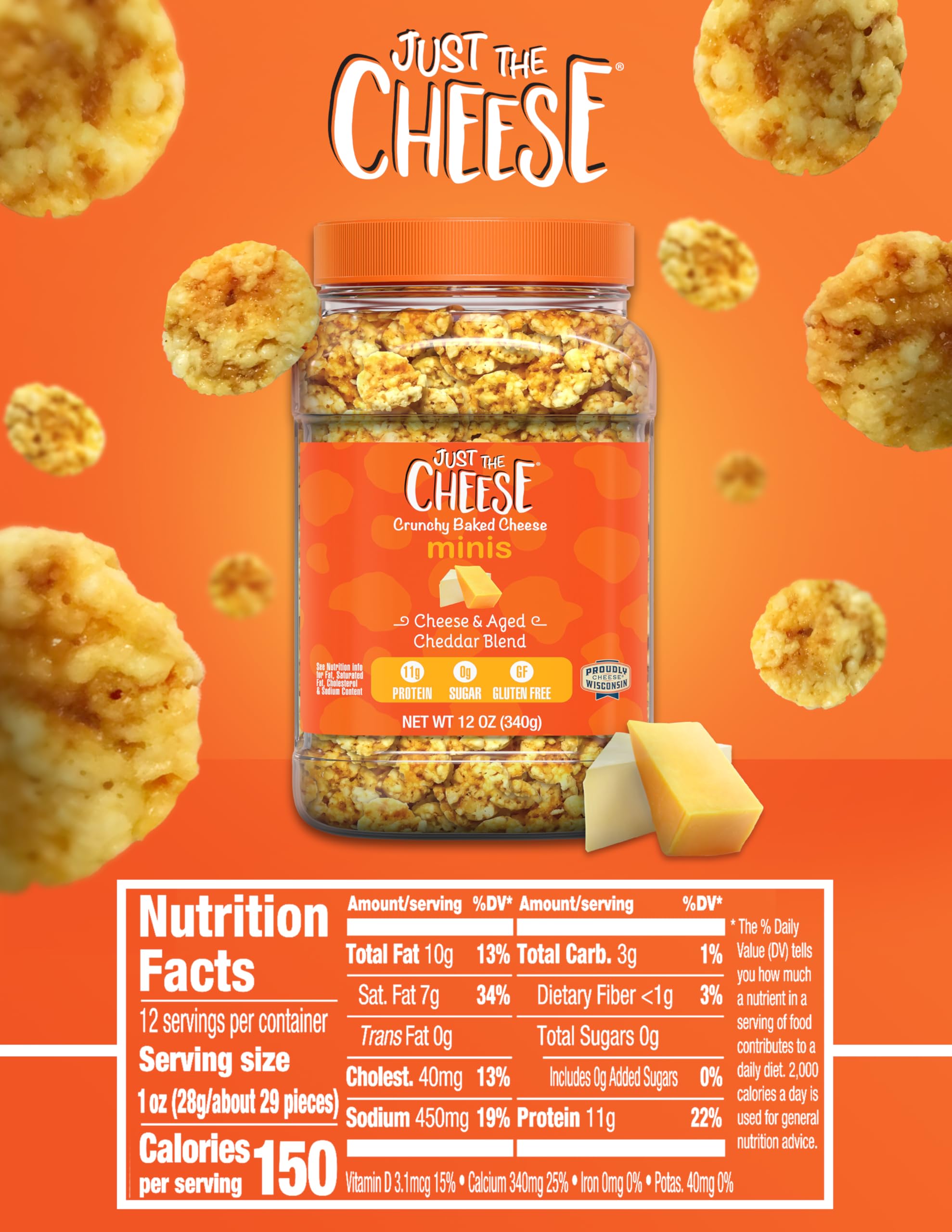 Just the Cheese Minis close-up cheddar crisp with rich cheese flavor.
