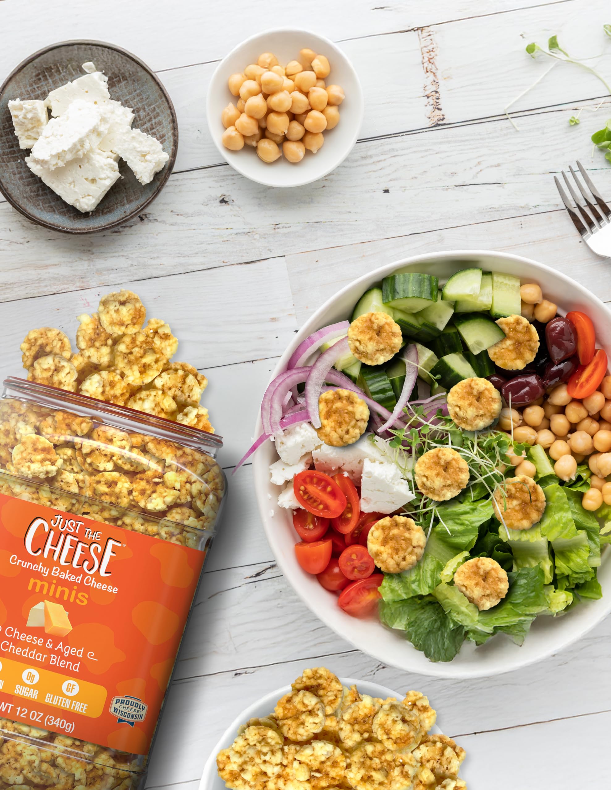 Just the Cheese Minis gluten-free label highlights zero sugar content.