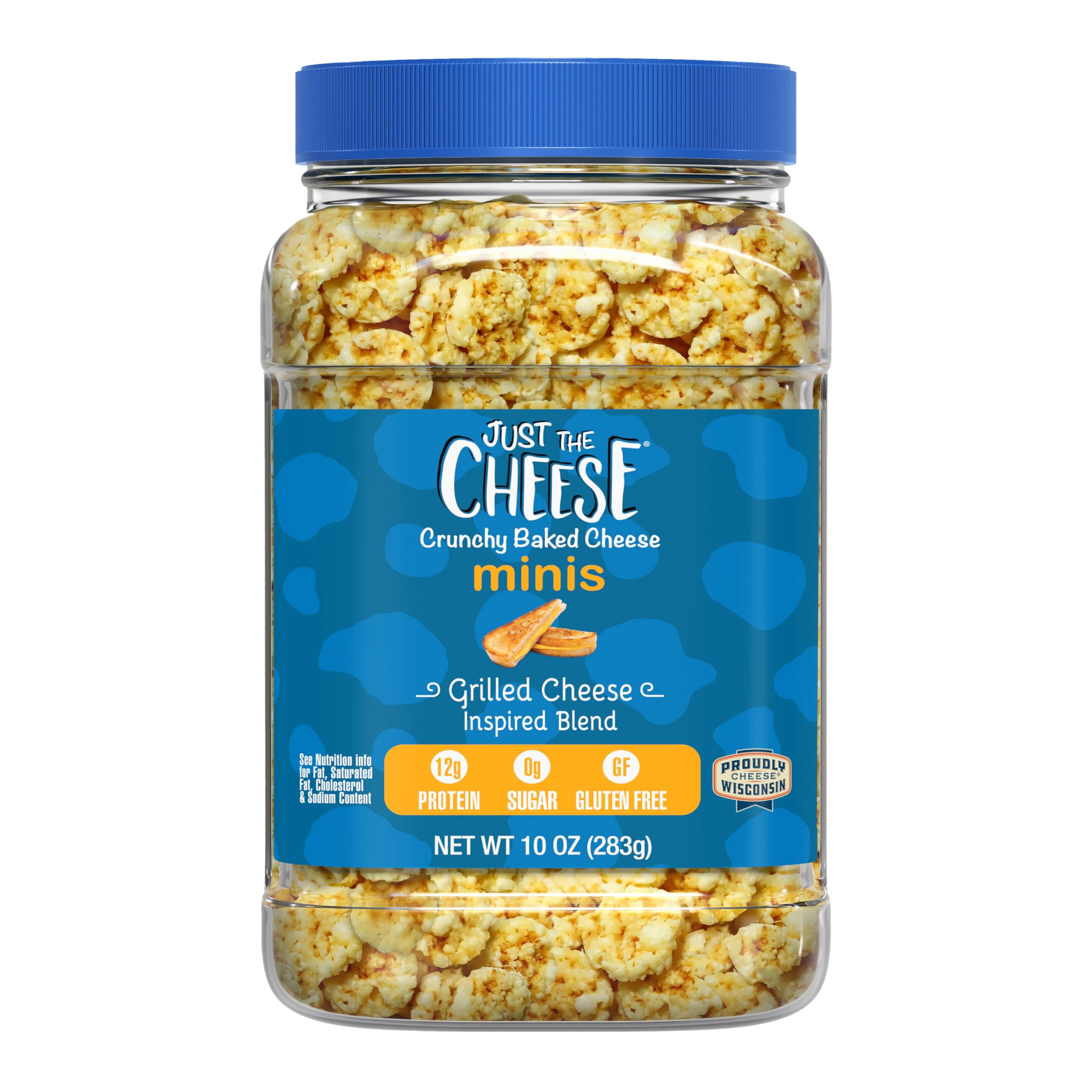 Just the Cheese Minis jar of grilled cheese crisps for a savory low-carb snack.