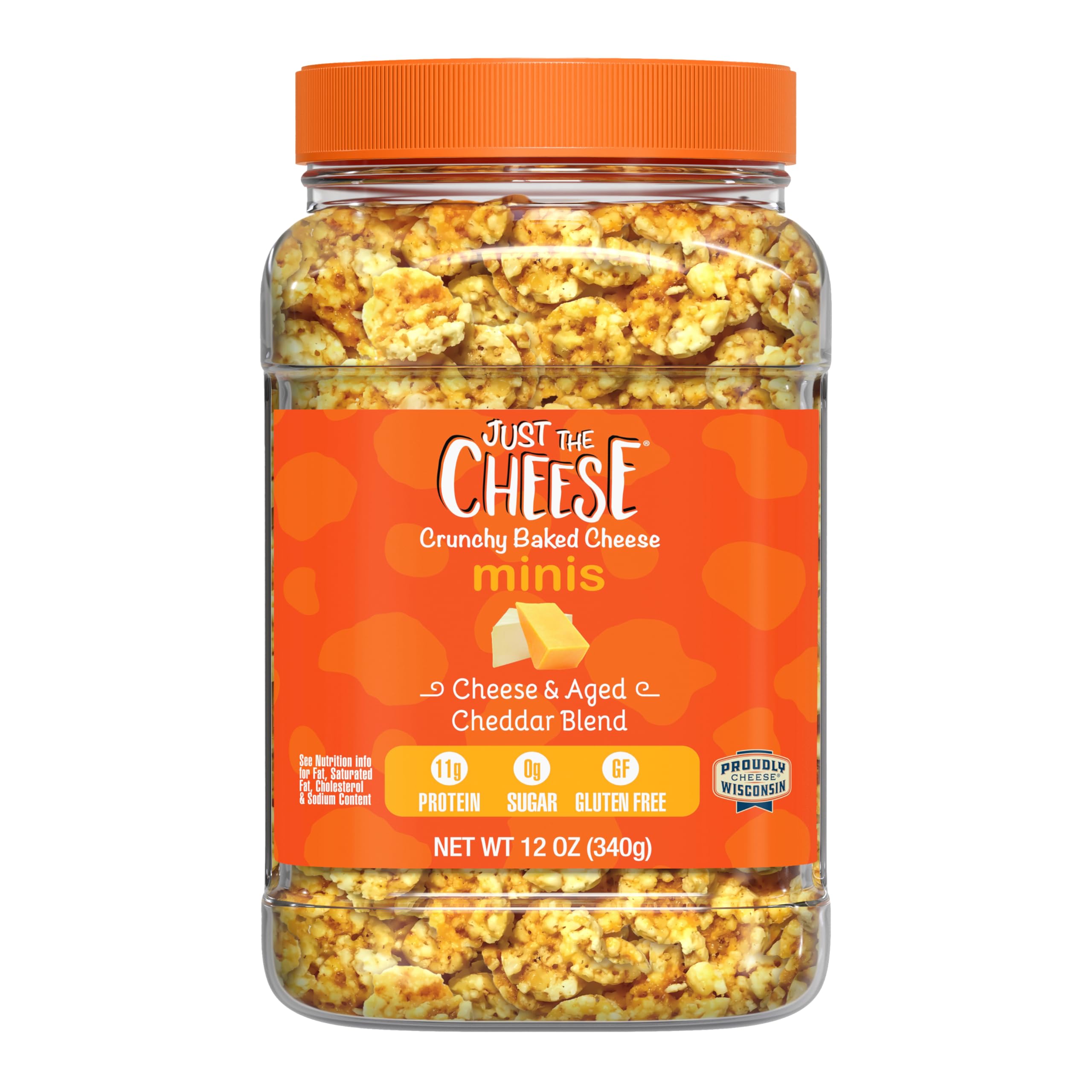 Just the Cheese Minis jar top view, a convenient high-protein snack.