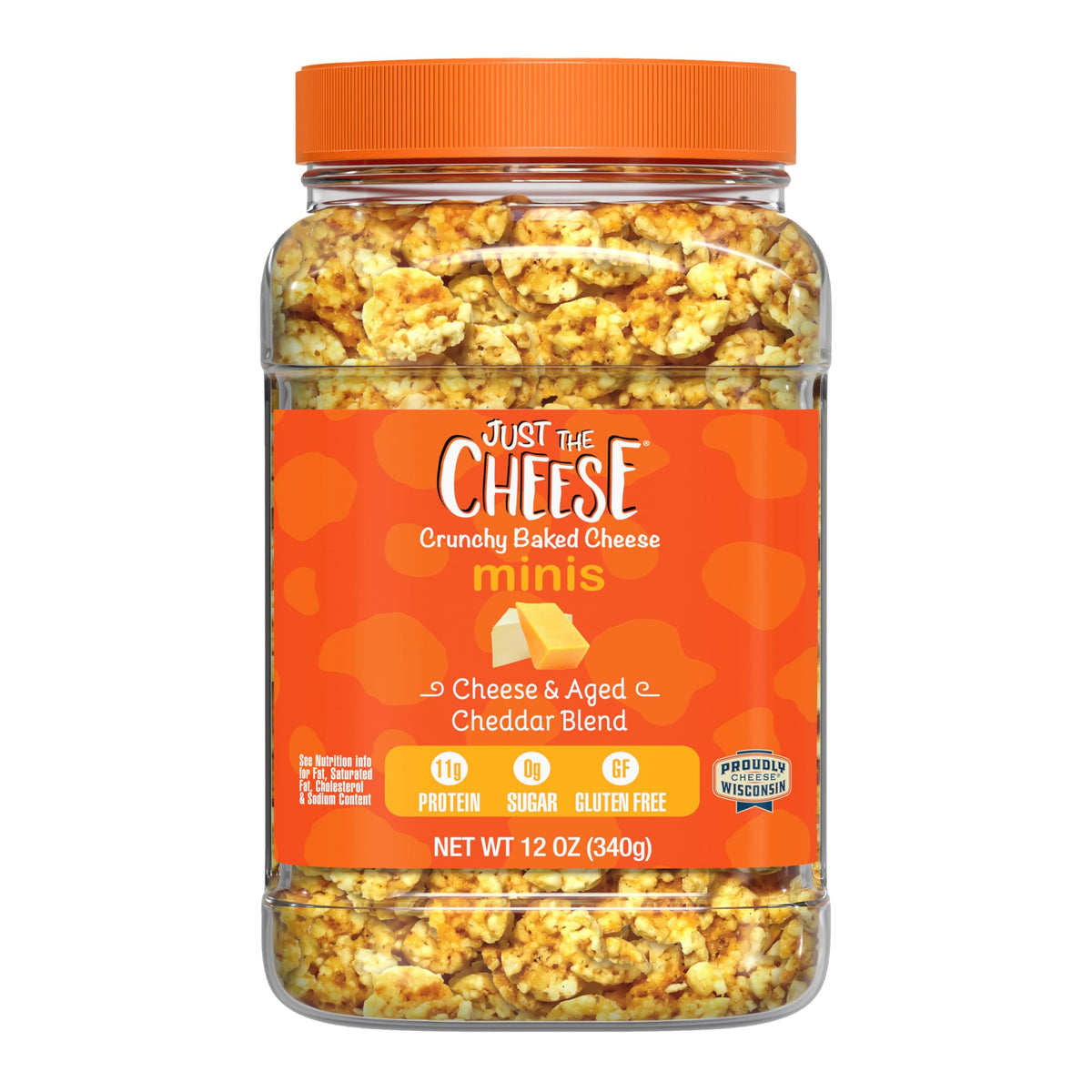 Just the Cheese Minis jar top view, a convenient high-protein snack.