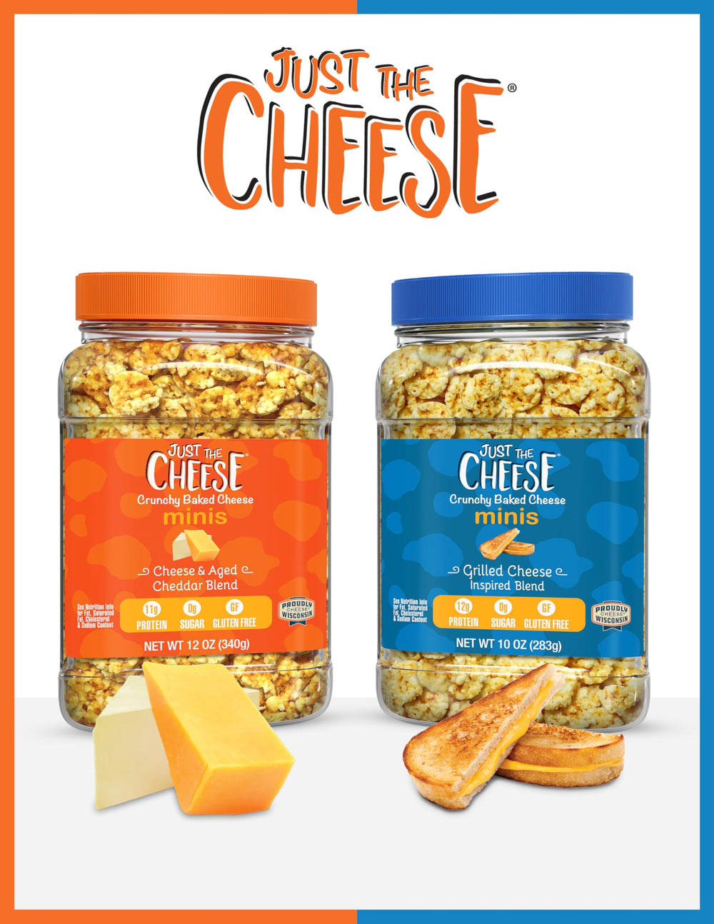 Just the Cheese Minis nutrition panel peek shows 11g protein per serving.
