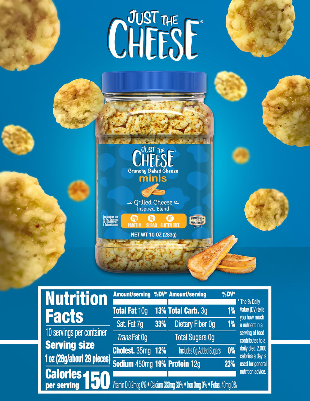 Just the Cheese Minis high-protein crisps deliver a satisfying bite.
