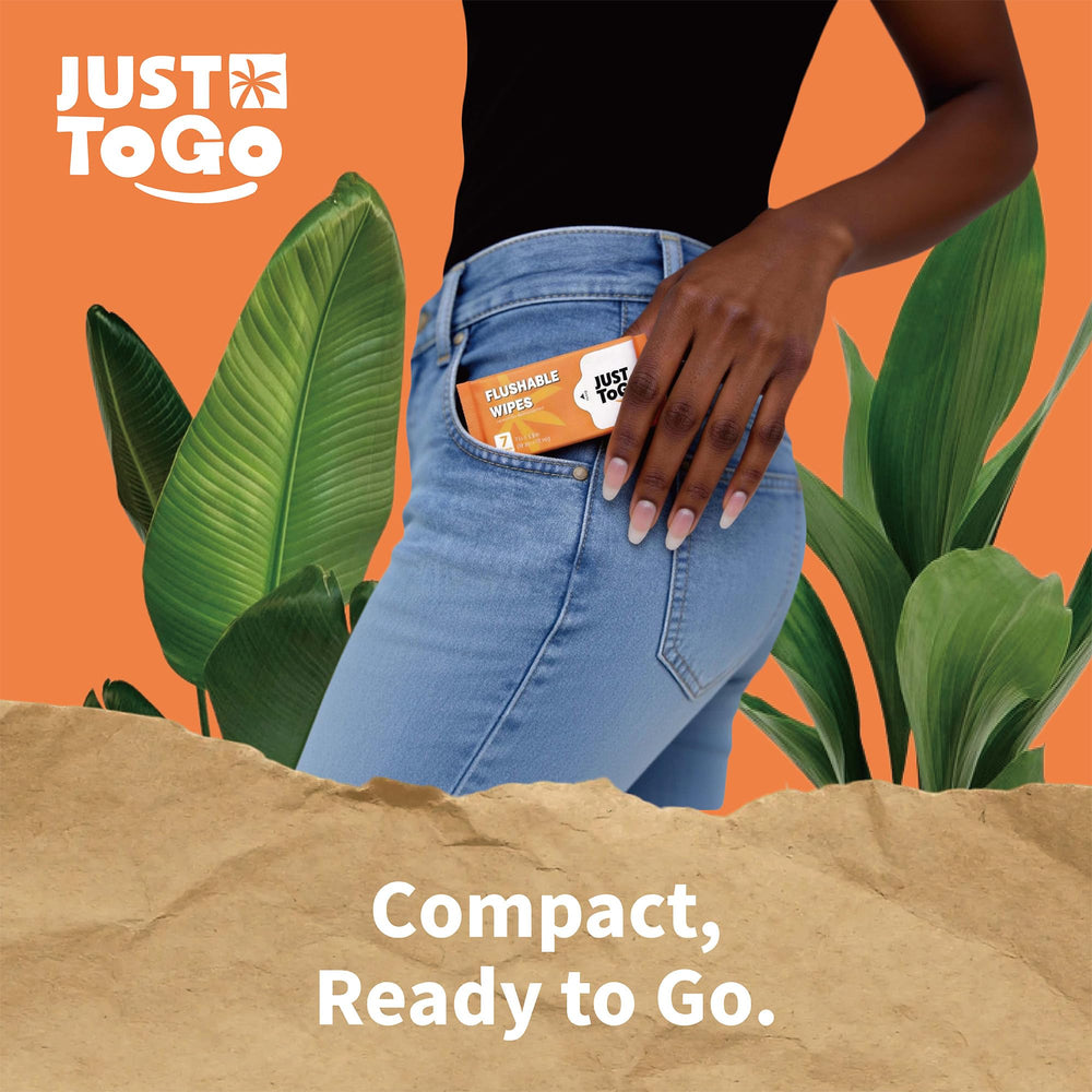 JUST TO GO biodegradable wipes travel-size pack designed for on-the-go cleansing.