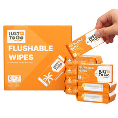 JUST TO GO flushable wipes in septic-safe packaging for responsible disposal.