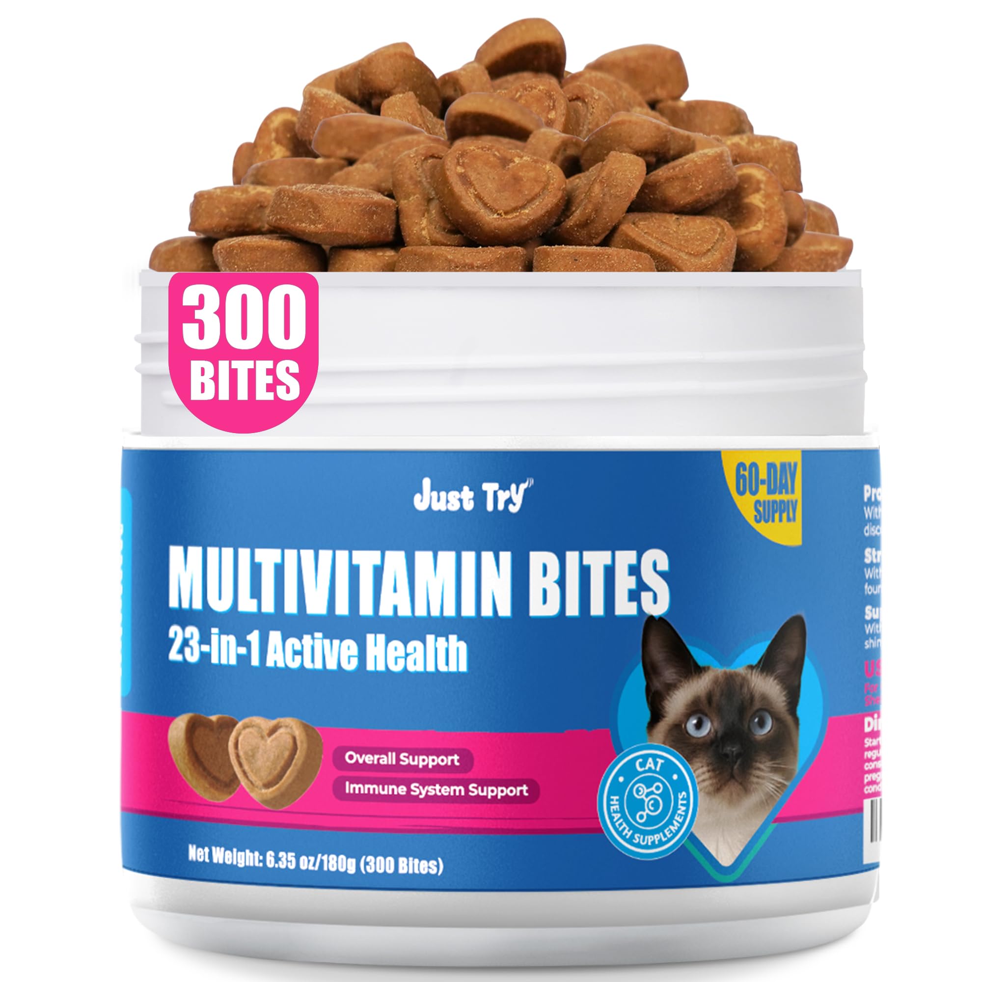 Just Try 23 in 1 Taurine cat treats jar with complete vitamin blend for daily wellness