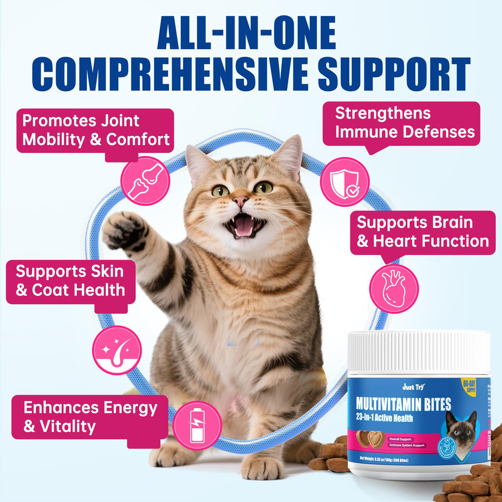 Just Try 23 in 1 Taurine cat treats chews highlighting joint comfort