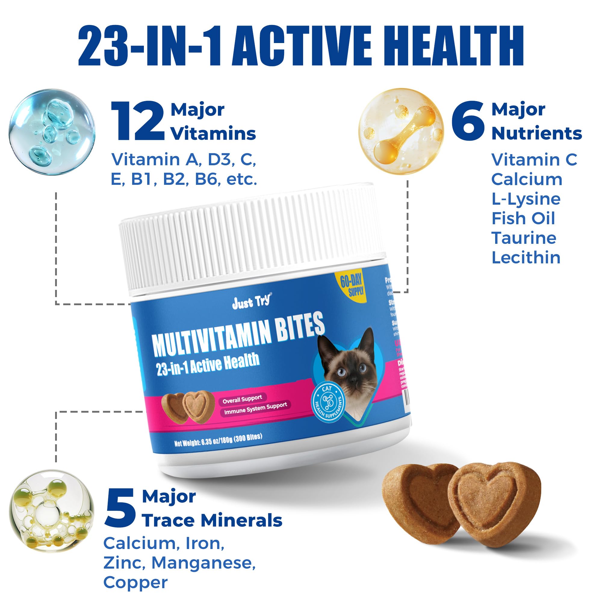 Just Try 23 in 1 Taurine cat treats omega-3 fish oil for coat and skin health