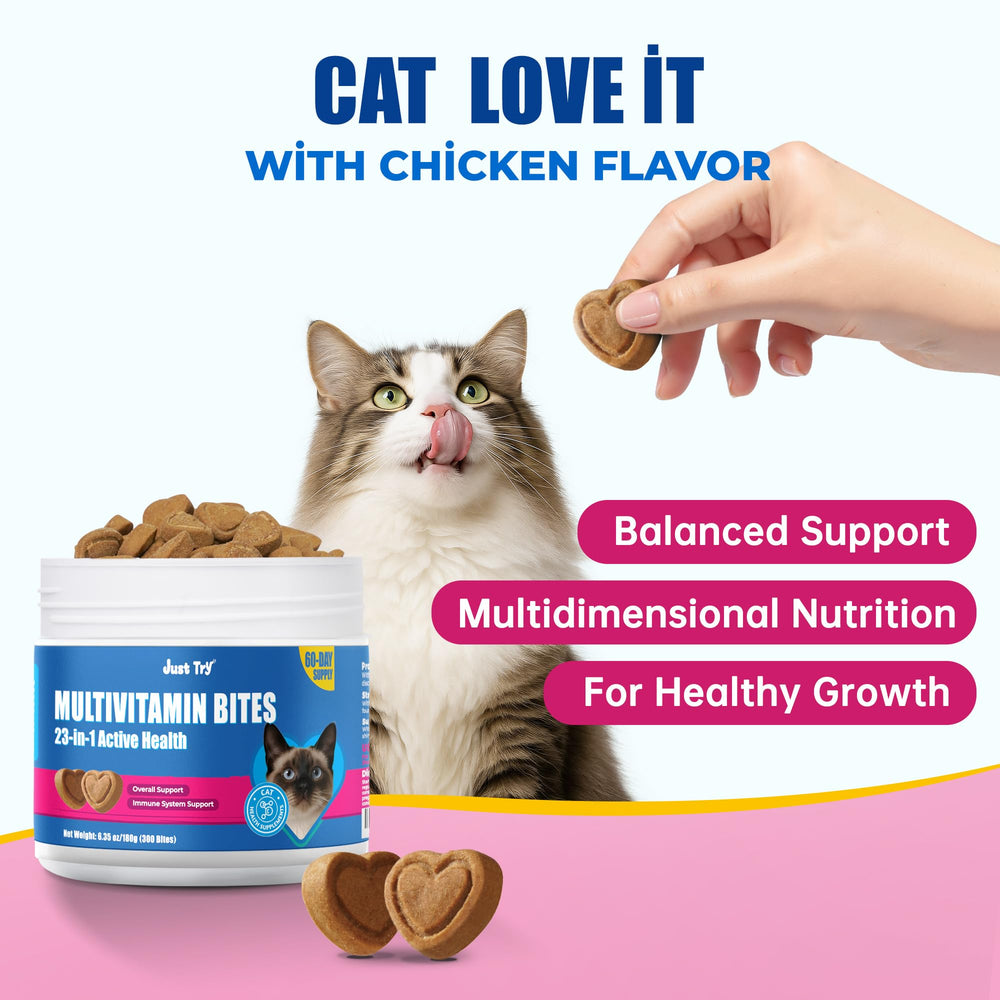 Just Try 23 in 1 Taurine cat treats packaging highlighting 300 bites