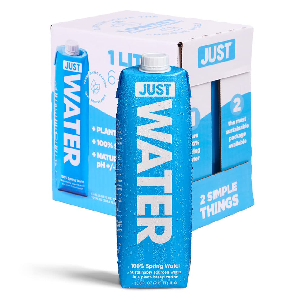 JUST Water 1L bottle being poured for daily hydration with crisp spring water