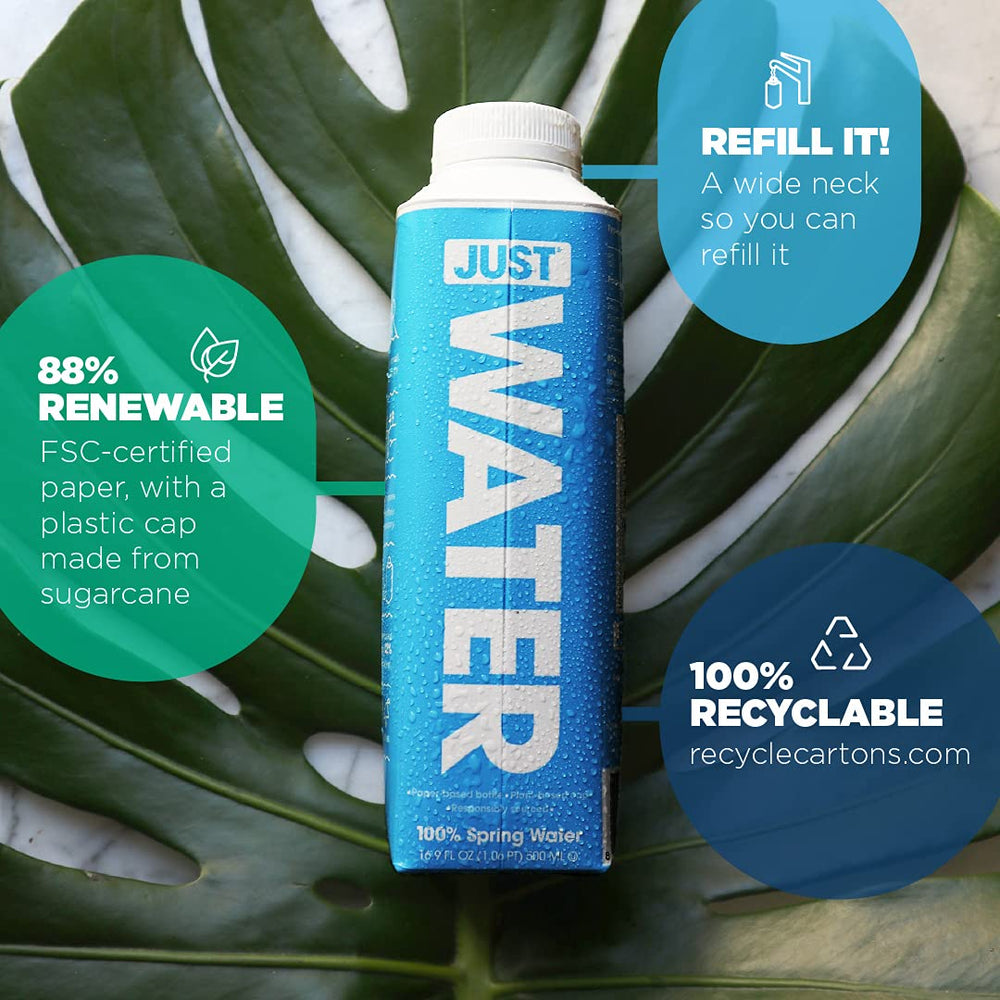 JUST Water sourced from FSC-certified forests, emphasizing responsible material sourcing