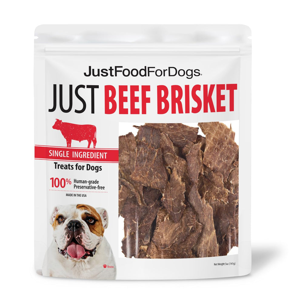 JustFoodForDogs beef brisket jerky slices, low-calorie training reward