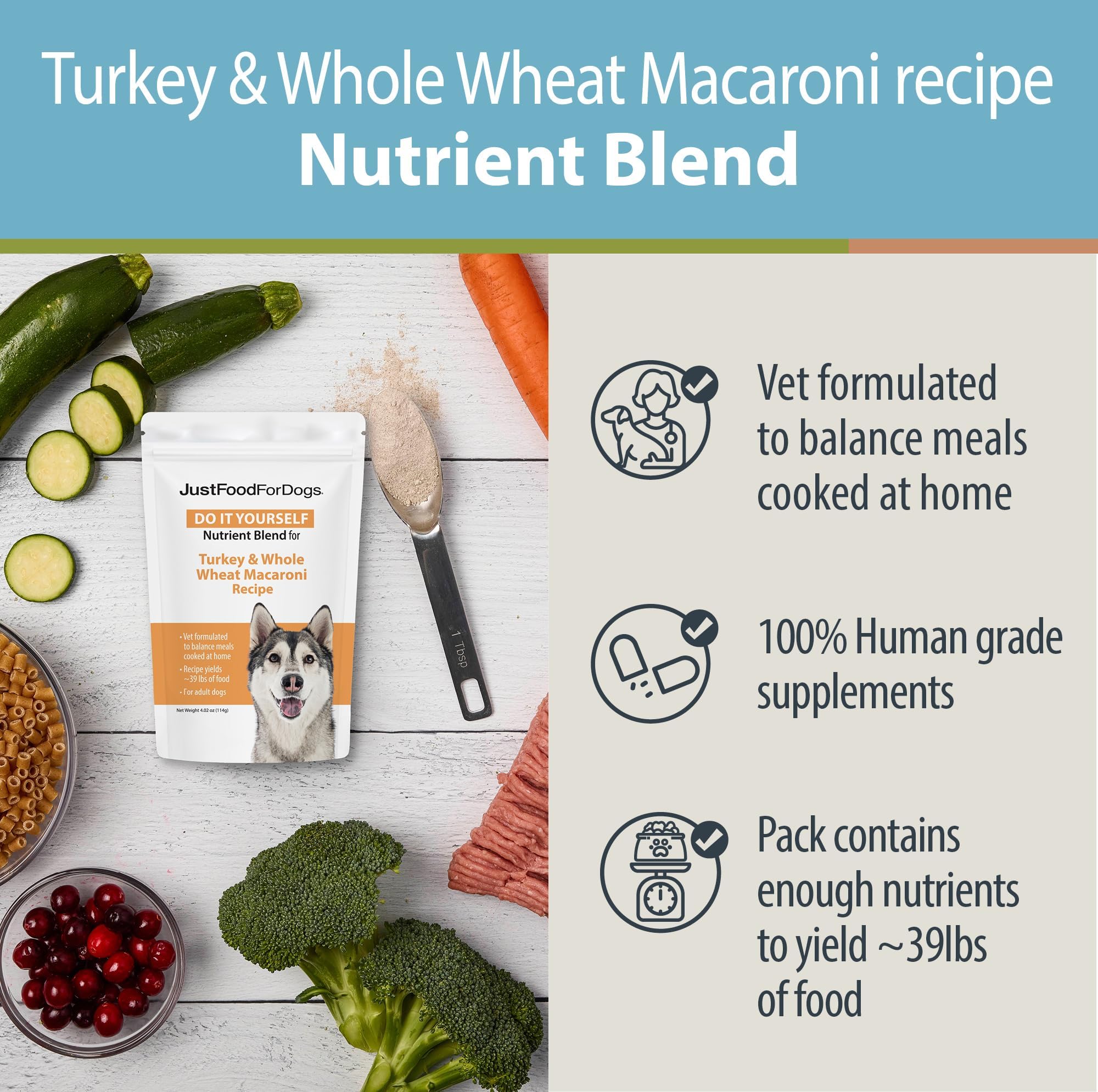 JustFoodForDogs Nutrient Blend cooking instructions illustrate easy DIY meal prep.